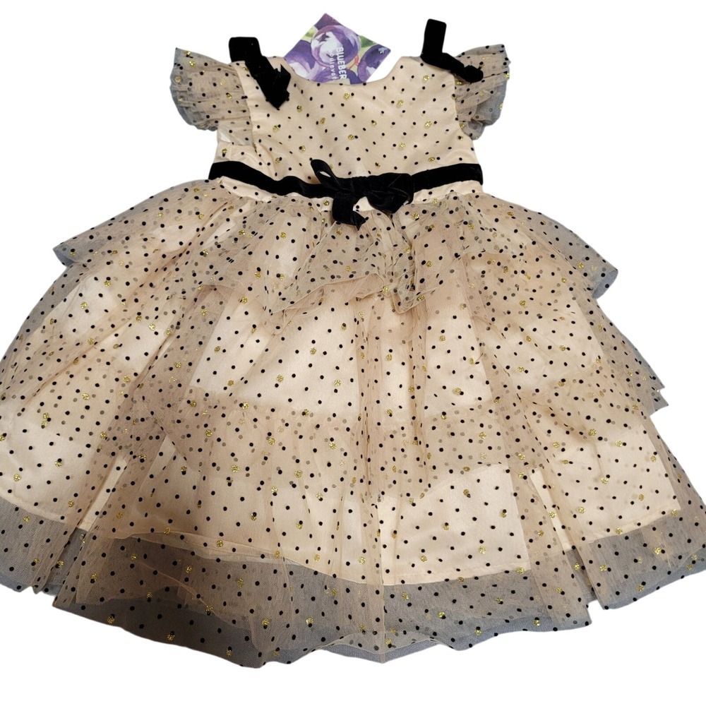 Blueberi Boulevard Baby Girls 12M Beige Black Dot Tulle tiered dres new formal
